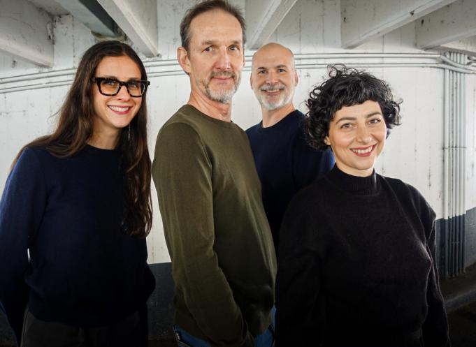 De gauche à droite : Coralie Duprat, directrice conseil & stratégie globale, Pierre-Yves Demarcq, fondateur/directeur de création, Cédric Morvan, fondateur/directeur artistique et Teiko Mgaloblishvili, fondatrice/directrice des stratégies. (Photo Sang Neuf)