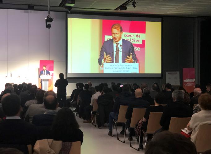Guillaume Faury, PDG d'Airbus, invité par Toulouse Métropole lors de la présentation de la feuille de route économique ( le 04 avril 2022, au Meett). 