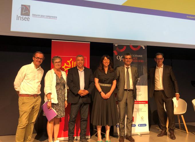 Sacha Briand (Toulouse Métropole), Caroline Jamet (Insee Occitanie), Jalil Benabdillah (Région Occitanie), Maëlle Couvreux (GA Smart building), Pierre d'Agrain (Exco, Toulouse Place Financière), Stéphane Latouche (Banque de France Occitanie). 