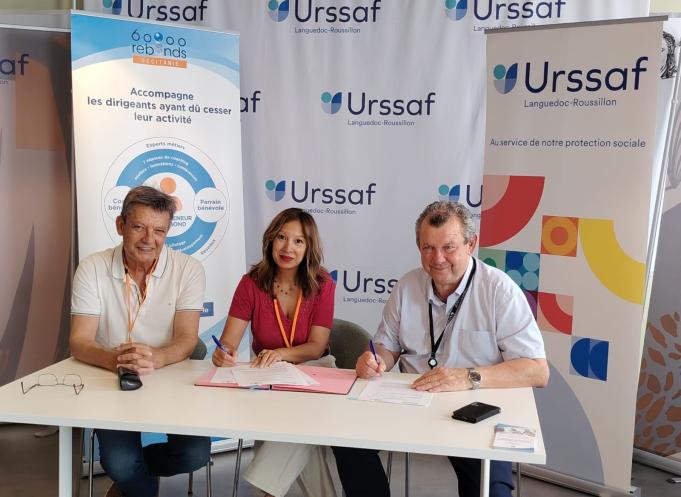De gauche à droite: Alain Simonazzi, référent antenne Montpellier 60 000 rebonds Occitanie, Marie-Laure le Van Vo, co-présidente 60 000 rebonds Occitanie, François Hiebel, directeur de l'URSSAF Languedoc Roussillon (Photo 60 000 rebonds Occitanie)