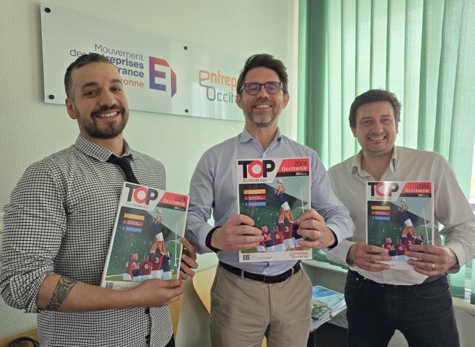 C'est parti pour un nouveau Top Eco ! De gauche à droite, Dorian Alinaghi (journaliste à Entreprises Occitanie), Pierre-Olivier Nau (président du Medef de Haute-Garonne) et Anthony Assémat (rédacteur en chef d'Entreprises Occitanie et du Top Eco). (Photo : Morgane Sattin - Medef de Haute-Garonne)