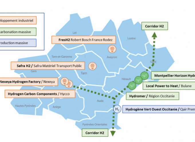 Cartographie des projets candidats en Occitanie à l’Appel à manifestation d’intérêt pour des projets hydrogène d’envergure retenus par le Secrétariat général pour l’investissement.