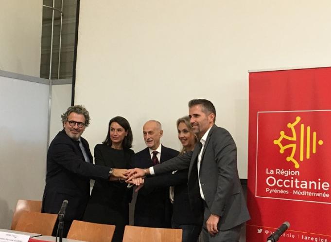 Rudy Secco (M Capital Partners), Corinne d’Agrain (Irdi Soridec), Pier Luigi Gilibert, (FEI), Nadia Pellefigue (Région Occitanie), Stéphane Marcel (Créalia) signent les nouveaux accords Foster.