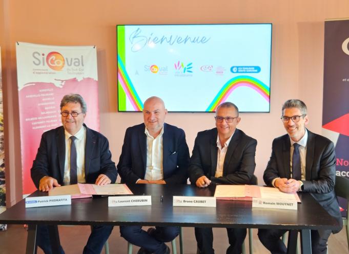 Patrick Piedrafita, président de la CCI Toulouse Haute-Garonne, Laurent Chérubin, vice-président au développement économique du Sicoval, Bruno Caubet, président du Sicoval et Romain Mouynet, vice-président de la CMA 31. (Photo Sicoval)