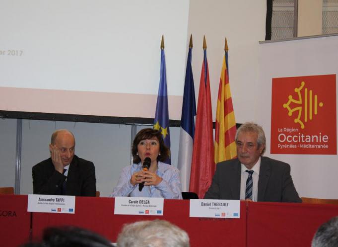 Alessandro Tappi, directeur au Fonds européen d'investissement (FEI), Carole Delga, pdt de la région Occitanie, Daniel Thébault, président de TOP 7, organisateur du salon de l'Entreprise