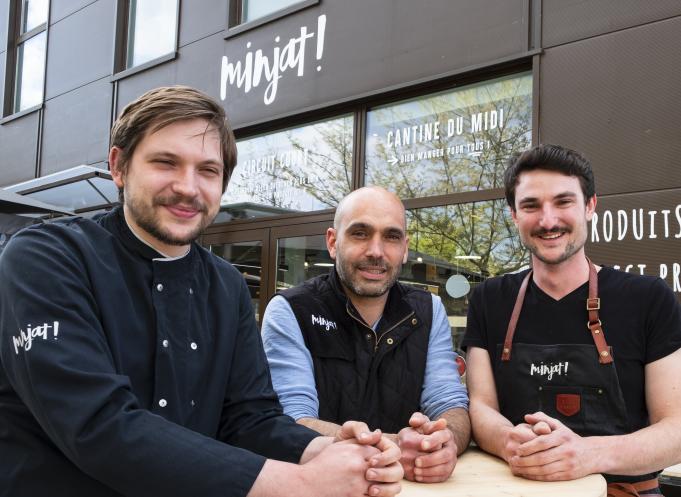 Anton Dmitriev, David Pagès et Cyril Picot, les trois associés de Minjat!, ont dû rapidement trouver les clés pour rebondir après l'incendie de leur magasin en mai 2023. (Photo : Arthur Perse)