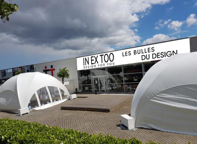 Les Bulles du design devant le magasin de la rue des Ardennes, du 8 mars au 15 juin, pour exposer des fabricants de meubles de jardin.