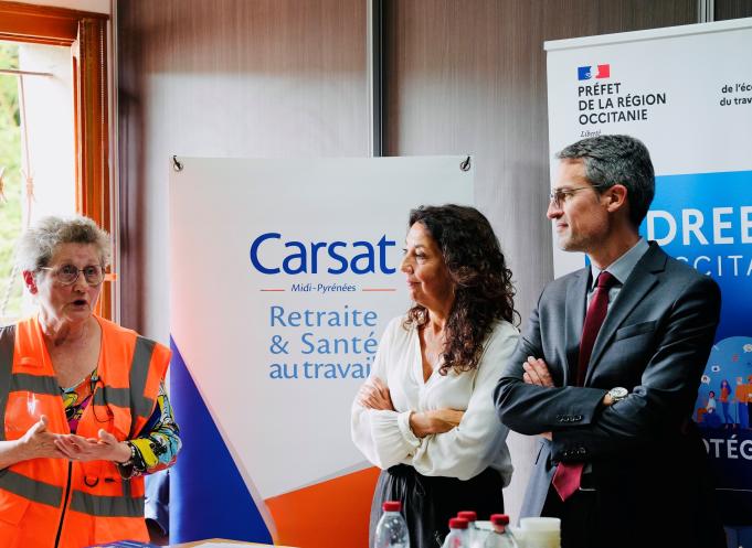 De gauche à droite : Marie-Nadine Roux, directrice générale de Sieba, Joëlle Traniello, directrice de la Carsat Midi-Pyrénées et Julien Tognola, directeur régional de l’économie, de l’emploi, du travail et des solidarités en Occitanie. (Photo Maël Paillart)