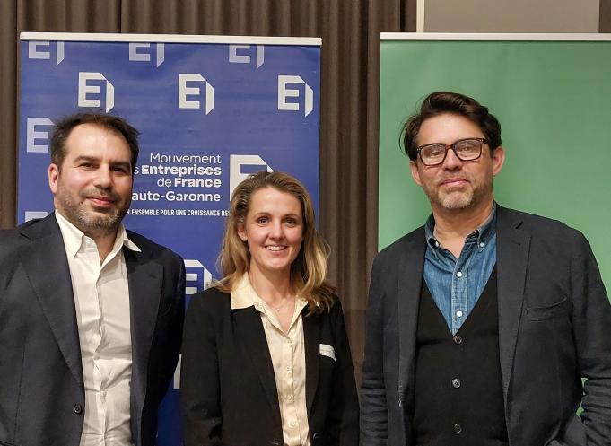 Julien Mallard, directeur général adjoint commercial de Transavia France, Manuella Goyat, secrétaire générale de Transavia et Pierre-Olivier Nau, président du Medef Haute-Garonne lors d'un business diner du mercredi 11 avril. (Photo Morgane Sattin) 