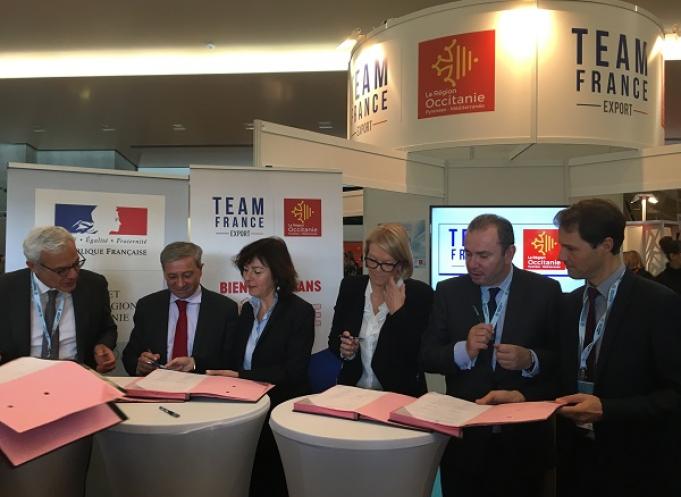 A. Di Crescenzo (CCI Occitanie), E. Guyot (Préfecture Occitanie), C. Delga (Région Occitanie), V. Védrine (Réseau Sud Bpifrance), C. Courtier (directeur général Business France) et T. Bascaules (Ad'Occ).