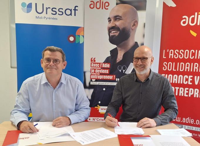 Jean Dokhelar, directeur de l’Urssaf Midi-Pyrénées et Christophe Nicaud, directeur de l’Adie Occitanie. (Photo Adie)