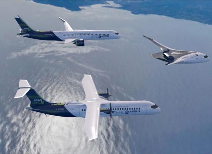 Les 3 concepts d'avion à hydrogène d'Airbus du programme ZEROe avec un avion classique, un turbopropulseur et une aile volante