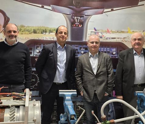 De gauche à droite : Gilles de Raffin, trésorier et président de l’antenne de la Haute-Garonne de l'UIMM Occitanie et président du groupe R-Meca, Xavier Aumont, président de l'antenne du Tarn-et-Garonne de l'UIMM Occitanie et PDG de Archean Technologies, Didier Katzenmayer, président de l'UIMM Occitanie et directeur aux affaires industrielles chez Airbus Operations SAS et Robert Gaiana, président de l'antenne du Lot de l'UIMM Occitanie. (Photo Dorian Alinaghi)