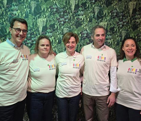 Benoit Barron, directeur général de la branche retail, Clarisse Berthet, directrice du magasin Midica, Sophie Garrigou, directrice générale de Géfiroga, Olivier Garrigou, président de l’entreprise et Rosine Pelletier-Chabot, l'une des co-créatrices de Gigiland. (Photo Dorian Alinaghi)