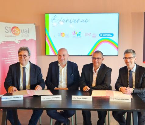 Patrick Piedrafita, président de la CCI Toulouse Haute-Garonne, Laurent Chérubin, vice-président au développement économique du Sicoval, Bruno Caubet, président du Sicoval et Romain Mouynet, vice-président de la CMA 31. (Photo Sicoval)