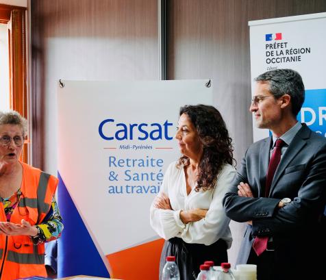 De gauche à droite : Marie-Nadine Roux, directrice générale de Sieba, Joëlle Traniello, directrice de la Carsat Midi-Pyrénées et Julien Tognola, directeur régional de l’économie, de l’emploi, du travail et des solidarités en Occitanie. (Photo Maël Paillart)