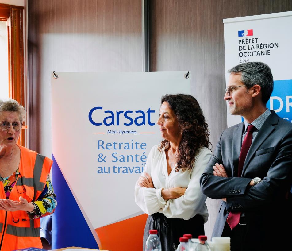 De gauche à droite : Marie-Nadine Roux, directrice générale de Sieba, Joëlle Traniello, directrice de la Carsat Midi-Pyrénées et Julien Tognola, directeur régional de l’économie, de l’emploi, du travail et des solidarités en Occitanie. (Photo Maël Paillart)